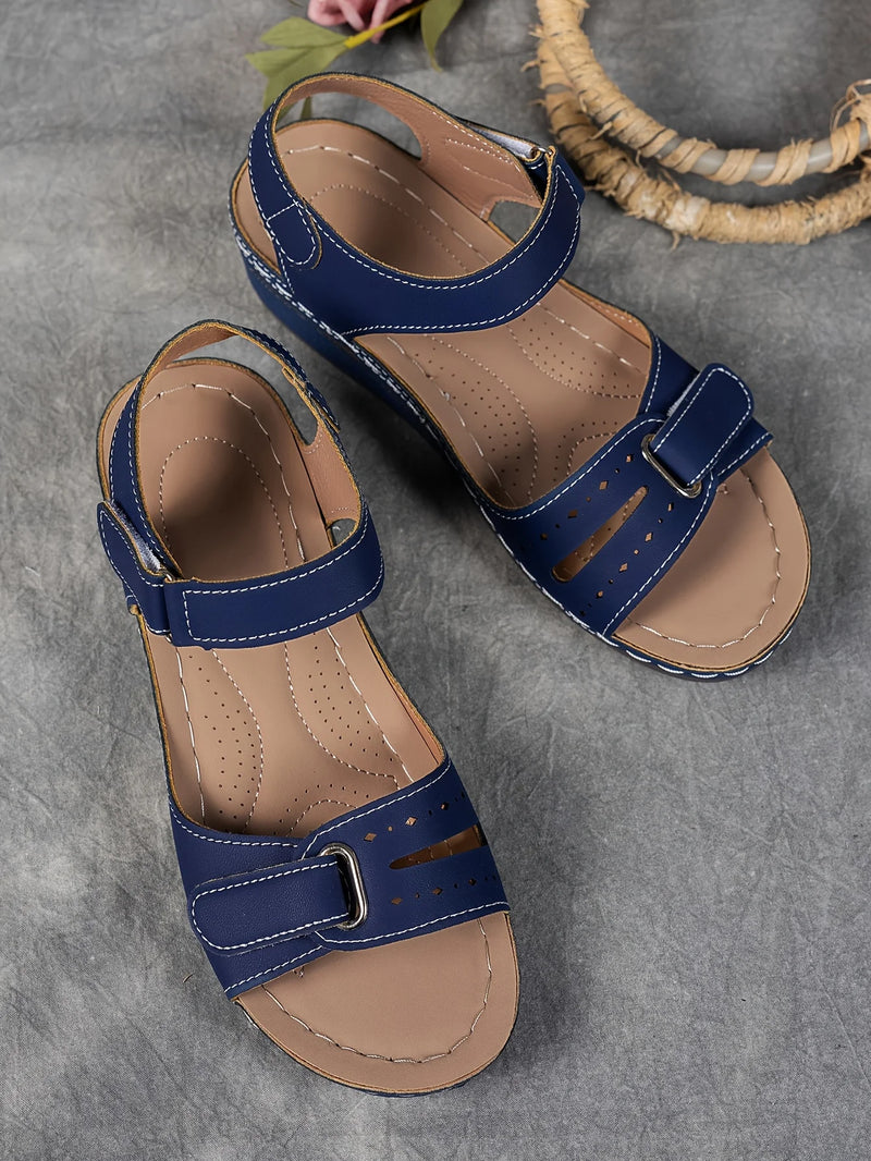 Ladies' beige wedge heel sandals with adjustable ankle straps, breathable perforated design, casual summer fashion