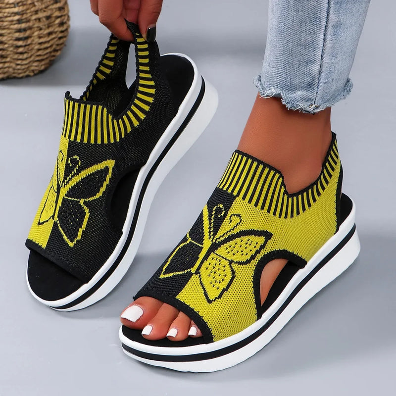 2024 Summer New Women Sandals Round Toe Platform Sole Mesh Single Women Shoes Casual Fashion Blue Butterfly Plus Size Sandals