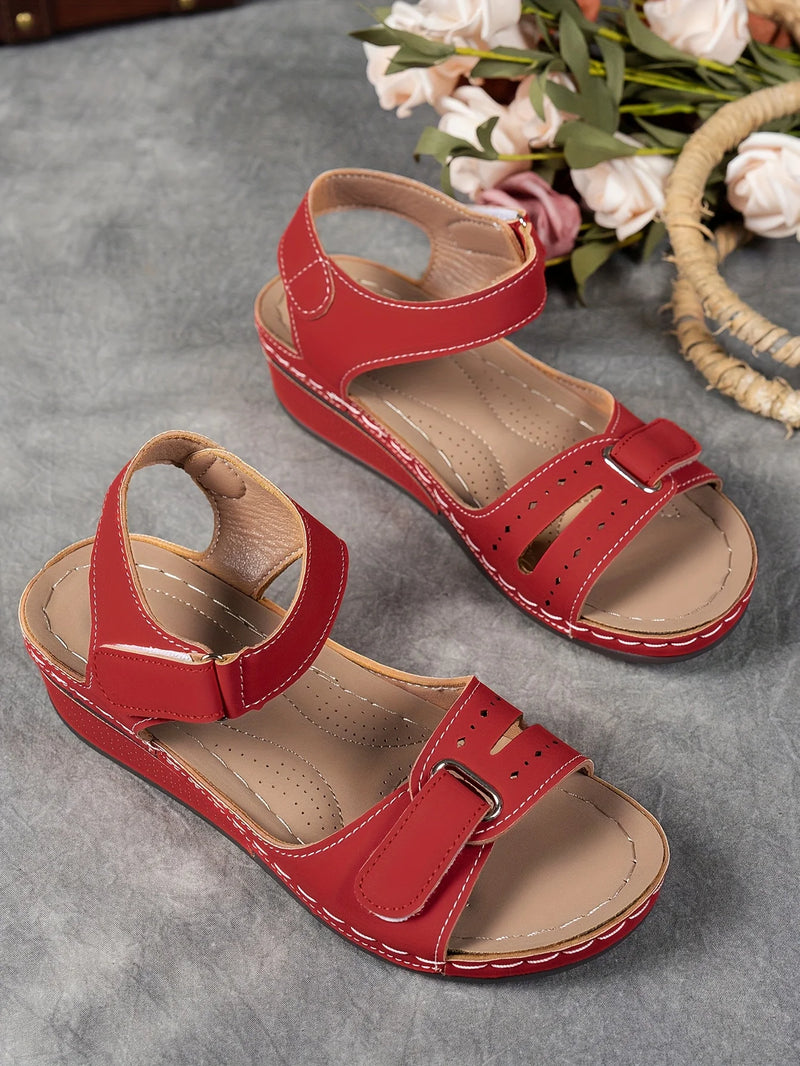 Ladies' beige wedge heel sandals with adjustable ankle straps, breathable perforated design, casual summer fashion