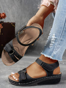 Ladies' beige wedge heel sandals with adjustable ankle straps, breathable perforated design, casual summer fashion