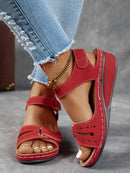 Ladies' beige wedge heel sandals with adjustable ankle straps, breathable perforated design, casual summer fashion