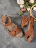Ladies' beige wedge heel sandals with adjustable ankle straps, breathable perforated design, casual summer fashion