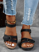 Ladies' beige wedge heel sandals with adjustable ankle straps, breathable perforated design, casual summer fashion