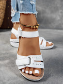 Ladies' beige wedge heel sandals with adjustable ankle straps, breathable perforated design, casual summer fashion