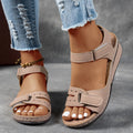 Ladies' beige wedge heel sandals with adjustable ankle straps, breathable perforated design, casual summer fashion