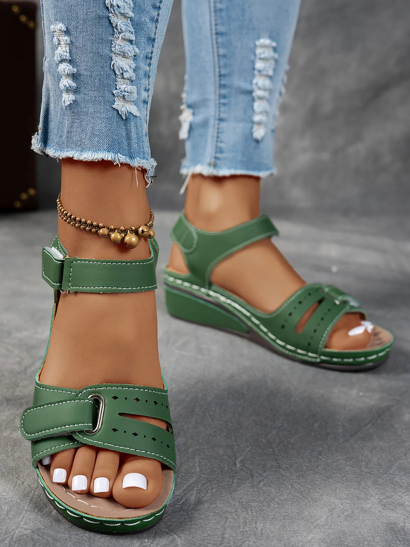 Ladies' beige wedge heel sandals with adjustable ankle straps, breathable perforated design, casual summer fashion